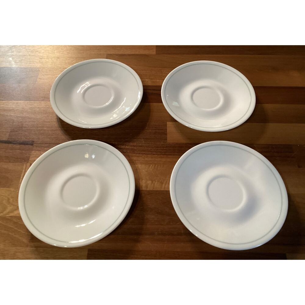 Set of 4 Corelle Corning Ware White Saucers with Single Green Band Stripe